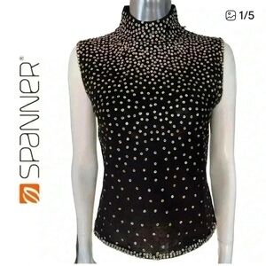 Spanner Mock Neck Sleeveless Sequin Stud Top Black Sparkle Knit Size Small